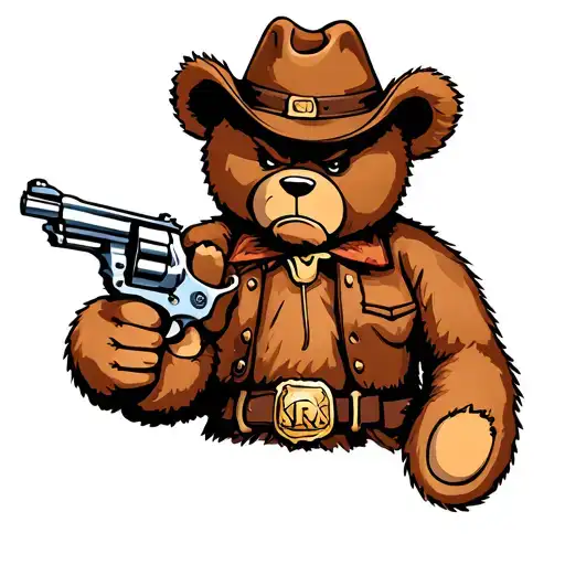 Cute Angry Cowboy Teddy Bear Holding Up Shooting A Revolver