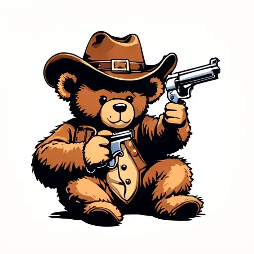 Cute Cowboy Teddy Bear Holding Up Shooting A Revolver