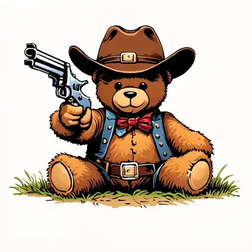 Cute Cowboy Teddy Bear Holding Up And Shooting A Revolver Facing Forward