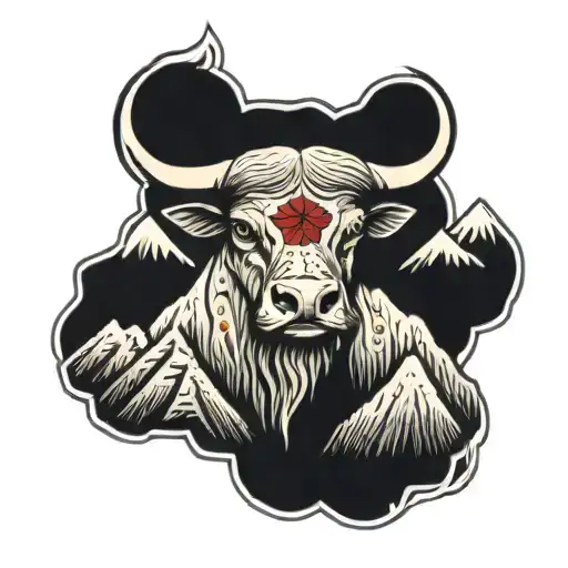 Taurus Zodiac Sign Top Left Chest Piece With Red Eyes And Mountains