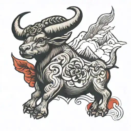 Taurus Zodiac Sign Top Left Chest Piece With Red Eyes And Mountains No Roses