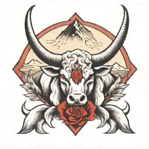 Taurus Zodiac Sign Top Left Chest Piece With Red Eyes And Mountains No Roses