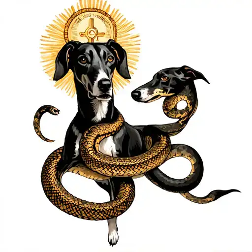 Greyhound Fullbody With A Religious Halo Fighting A Snake