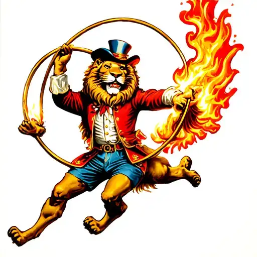 Lion Holding Flaming Hoop That Circus Ringleader Man Is Jumping Through