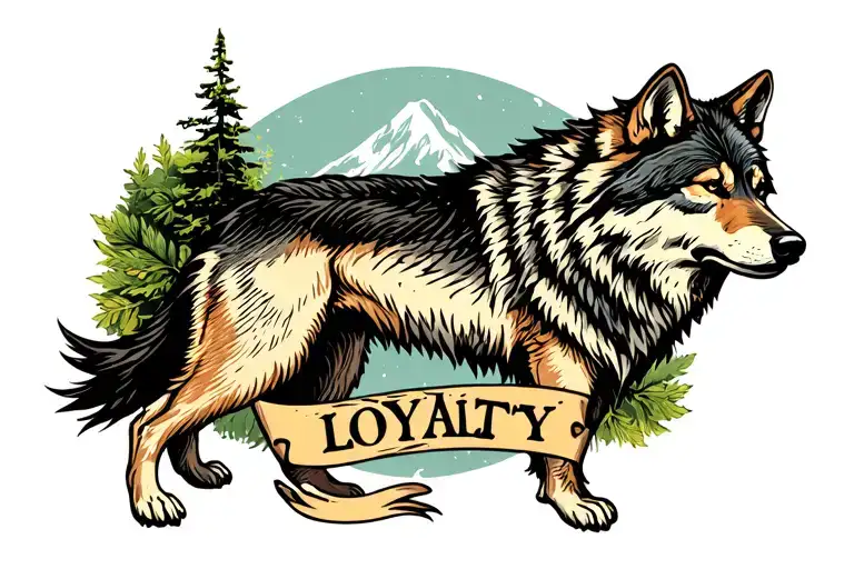 A Wolf Tattoo Design With A Natural Backround And A Label At The Bottom Stating Loyalty