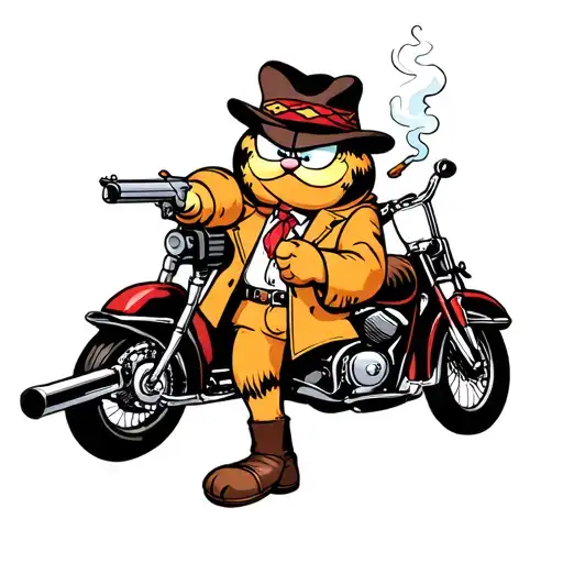 Garfield Wearing Pimp Coat And Smoking A Blunt With A Gun And A Hot Chick And A Motorcycle