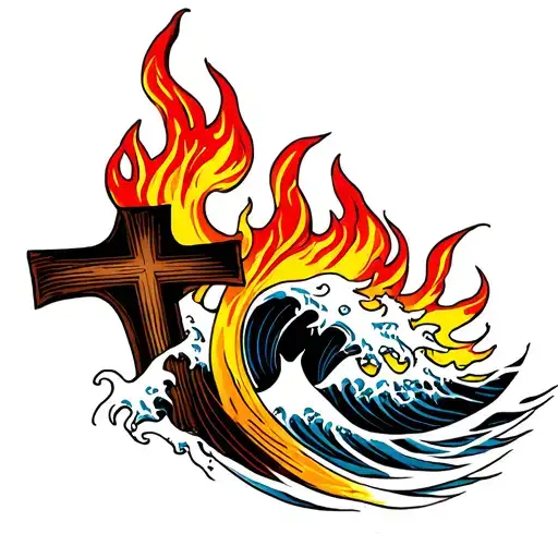 Waves And Flames With A Cross Intertwined