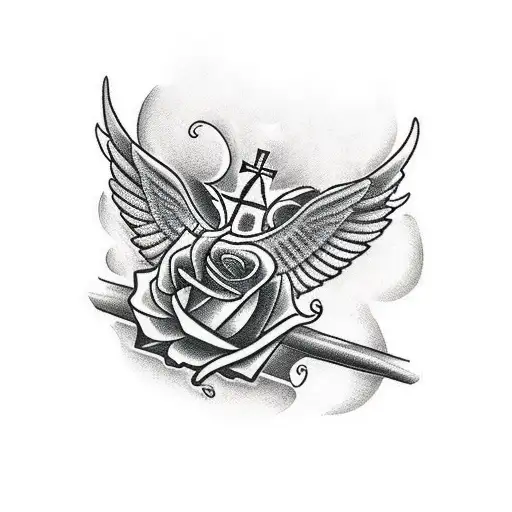 Christian Cross With Roses And Wings