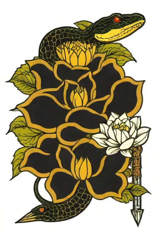 Snake And Lotus Flower And Sword