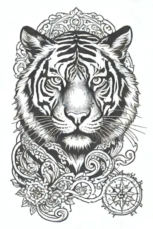 Tiger With Filigree And Compass Design