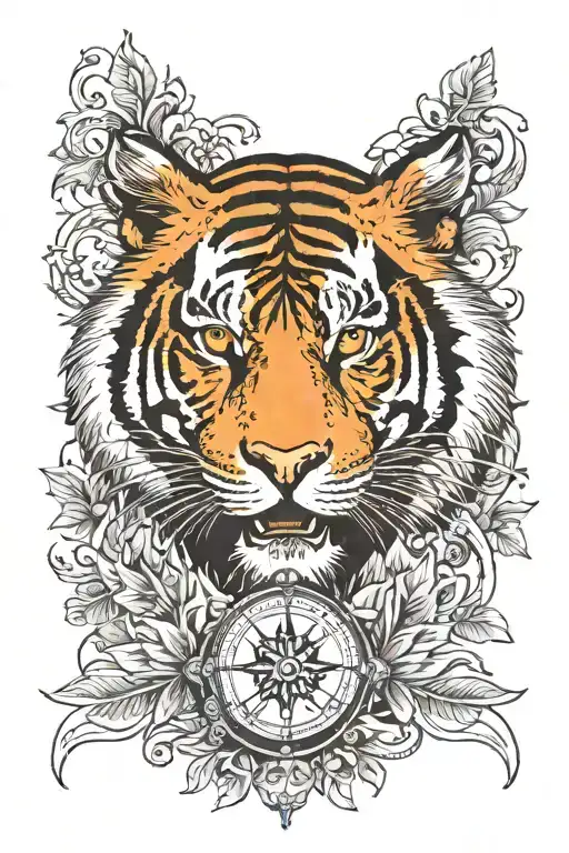 Tiger With Filigree Leaves And Compass