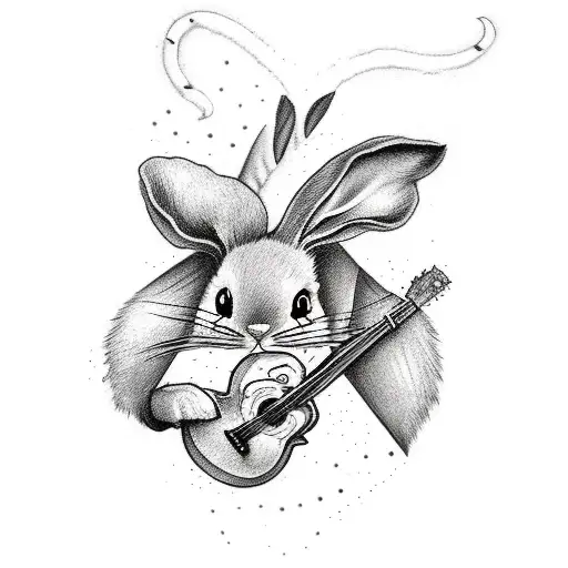 A Black And Grey Sketch Of A Bunny Playing A Guitar In A Garden