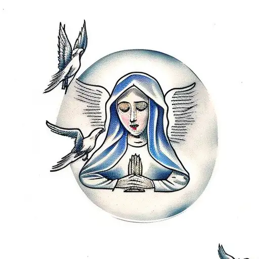Virgin Mary Praying With Doves And Clouds
