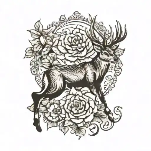 Deer With Wolf And Flower Blooming