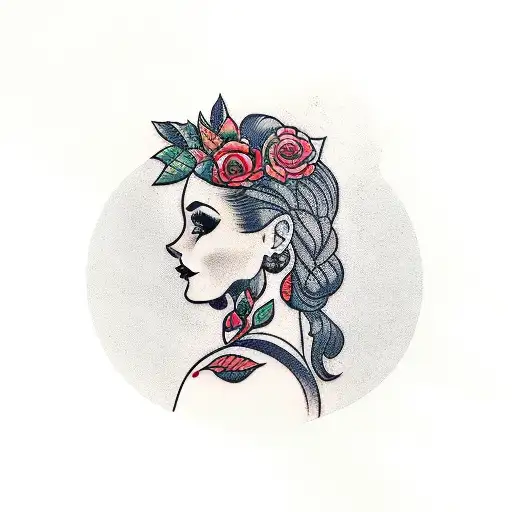 Woman Portrait In Profile With Roses And Falling Leaves