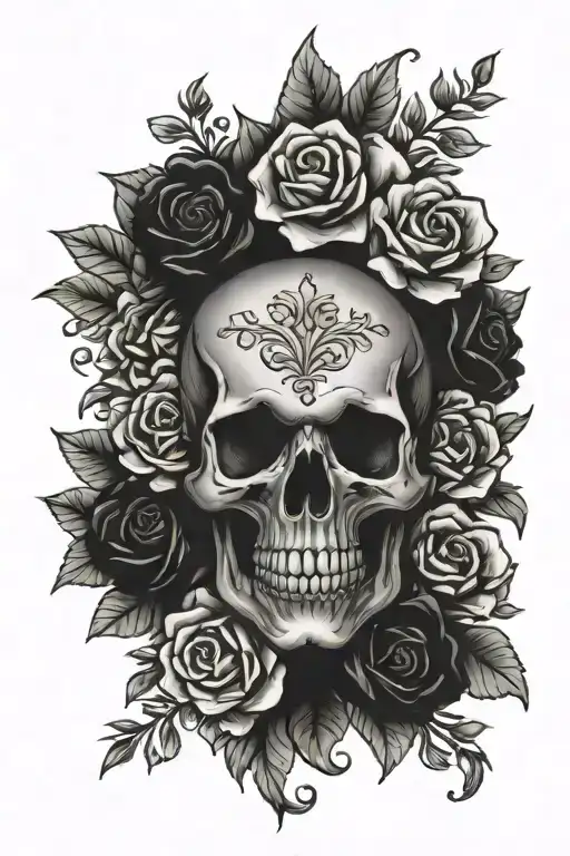 Black And Gray Skull With Colorful Flowers