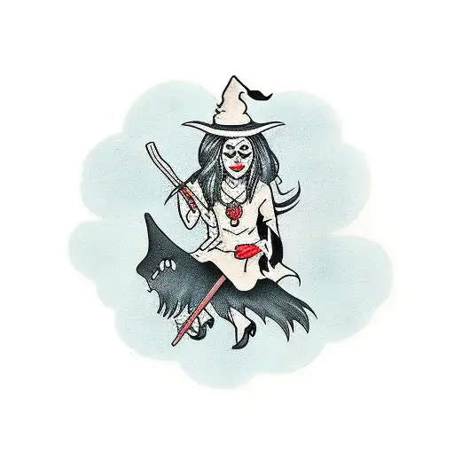 Witch On A Broom Stick With Long Hair