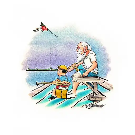 A Child And Old Man Sitting On A Dock Fishing