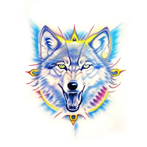 Divine And Powerfull Wolf Eyes Shining Yellow And Blue With Red Blackground