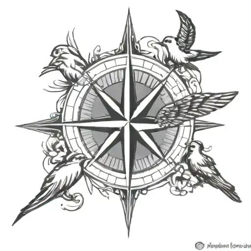 Compass Rose With 4 Swallows Flying