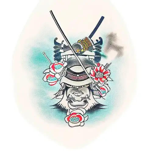 Samurai To Fit The Complete Arm And Surronded By Japaneses Traditional Houses Anda Flowers