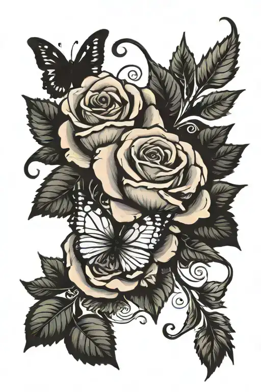 Rose With Butterfly And Leaves Intertwined