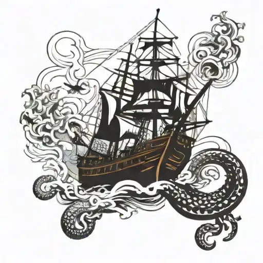Bermuda Rigged Sailboat Attacked By Kraken Emerging Tattoo