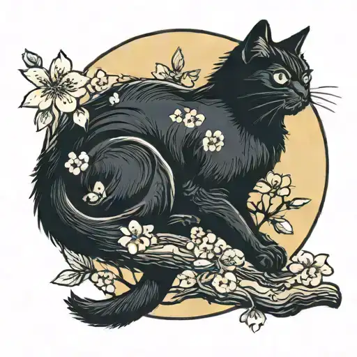 Black Cat Sitting On A Cherry Blossom Tree Add Moon