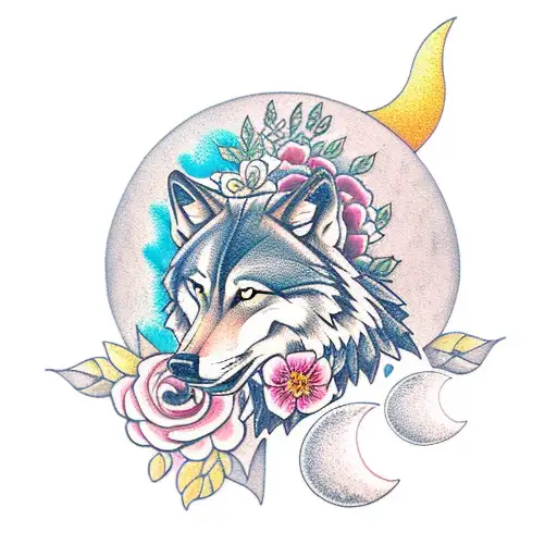 Wolf With Moon And Flowers