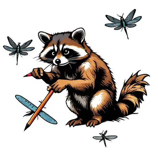 A Raccon With A Pencil In His Hand Drowing A Compass On A Wall And Dragonflys Flying