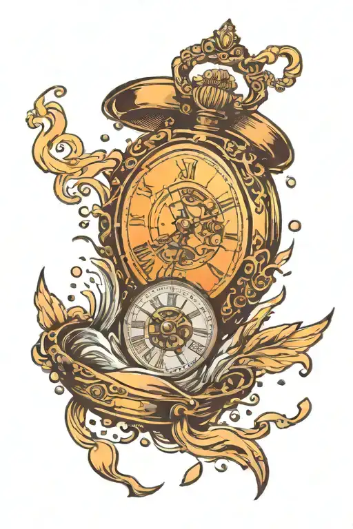 A Pocket Watch With Intricate Sunset Design And Water Droplets Falling From It