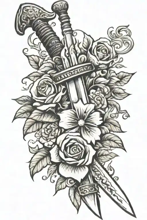 Sword Tattoo Wrapped In Flowers