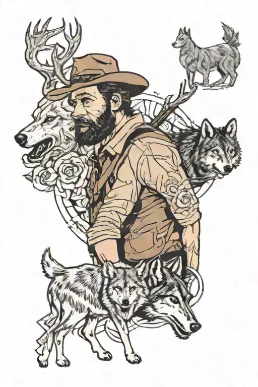 Arthur Morgan With A Deer And A Wolf Surrounded