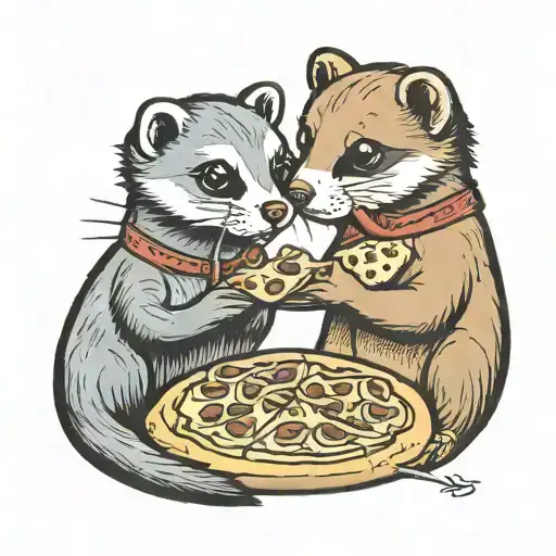 Ferret And Dog Eating A Pizza