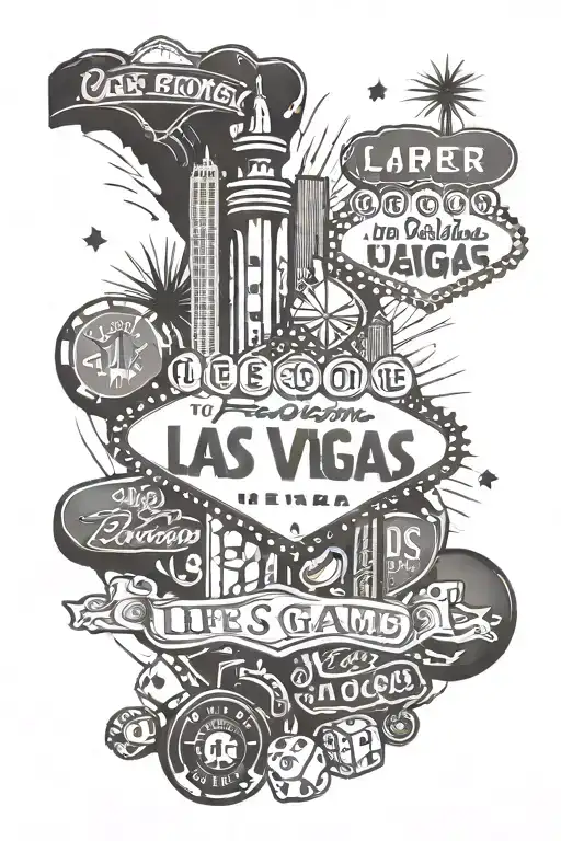 Outline Of The City Of Las Vegas With The Words Life Is A Gamble With Poker Chips Money And Dice