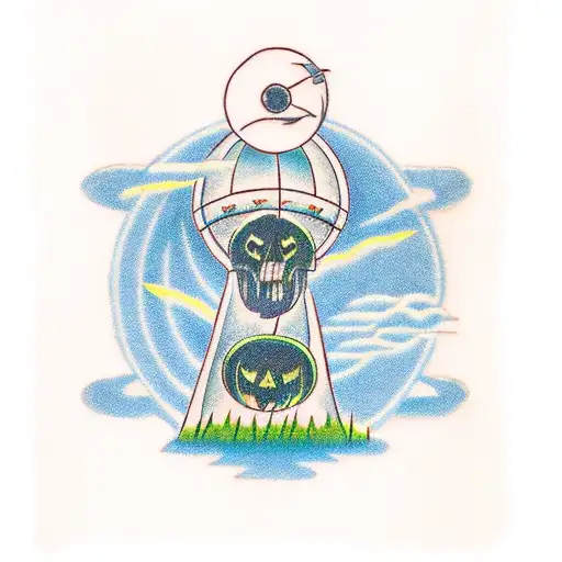 A Traditional-style Tattoo Of A Government Agent Hunting Ufos In A Spooky Halloween Forest