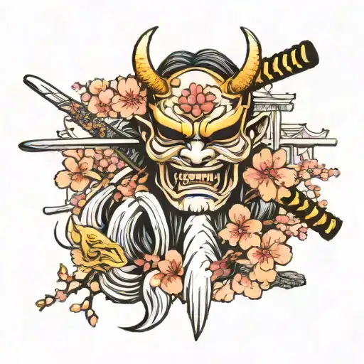 Waterfalls With Cherry Blossom And Oni Mask Katana