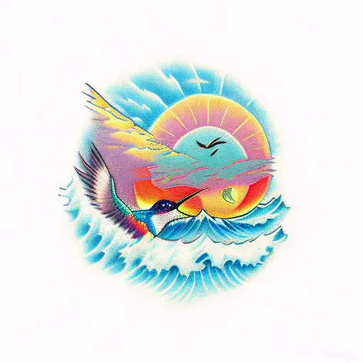 Sunset Over Waves With 2 Hummingbirds Inside The Sun