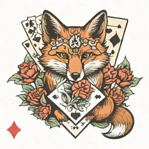 Fox With Calligraphy Accents And Playing Cards
