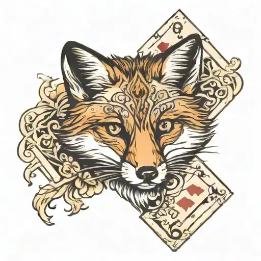 Fox With Calligraphy Background Accents And Playing Cards