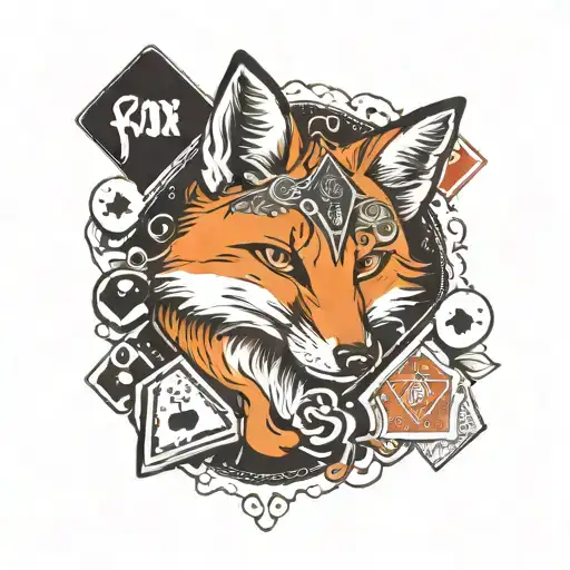Fox With Calligraphy Background And Playing Cards