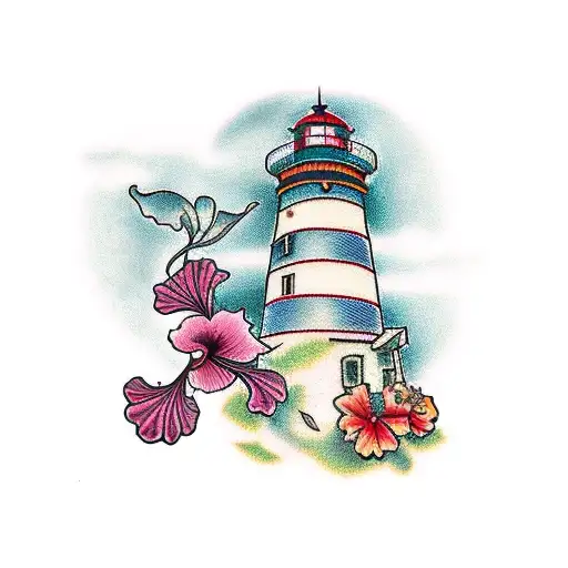 Lighthouse With Hibiscus Flowers