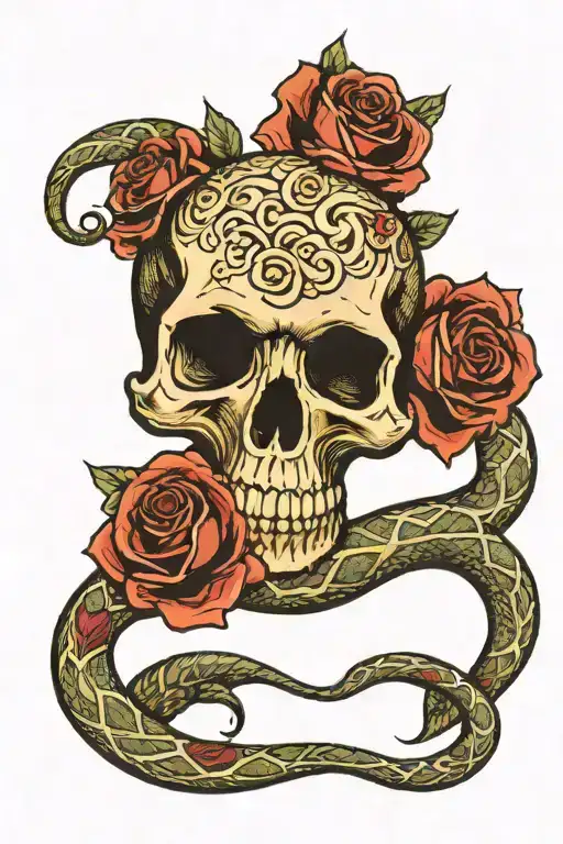 Skull Roses Sowrd Snake Wrapping
