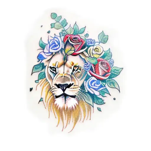 A Colored Tattoo Of A Lion With Roses And Other Flowers