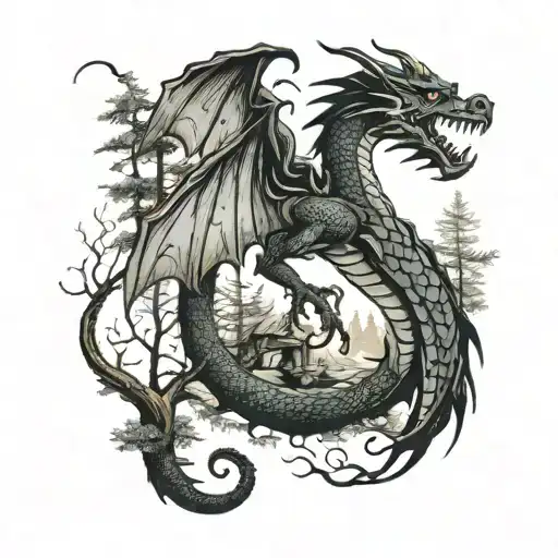 Dragon In Forest Landscape With A Hidden