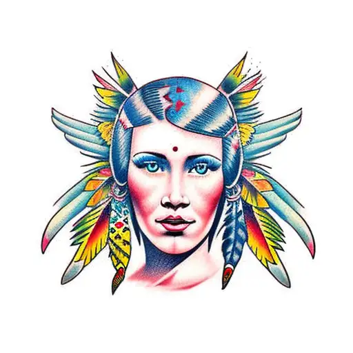 American Traditional Indian Girl Holding A Cockatiel