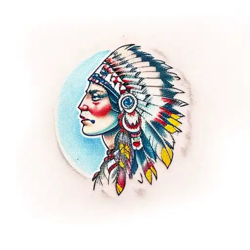 American Traditional Indian Girl Holding A Cockatiel