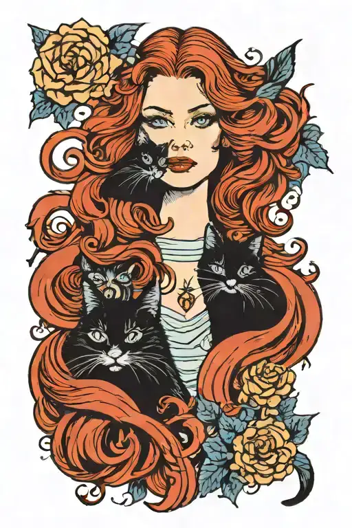 A Red-haired Woman With Blue Eyes And A Long-haired Black Cat
