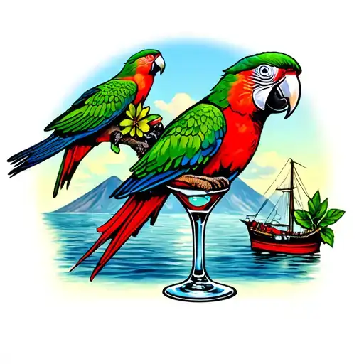 Parrot On Margarita Glass With Harbor And Volcano And Background