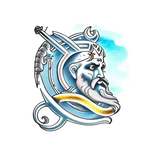 Poseidon On The Shoulder With A Background Of The Old Greek